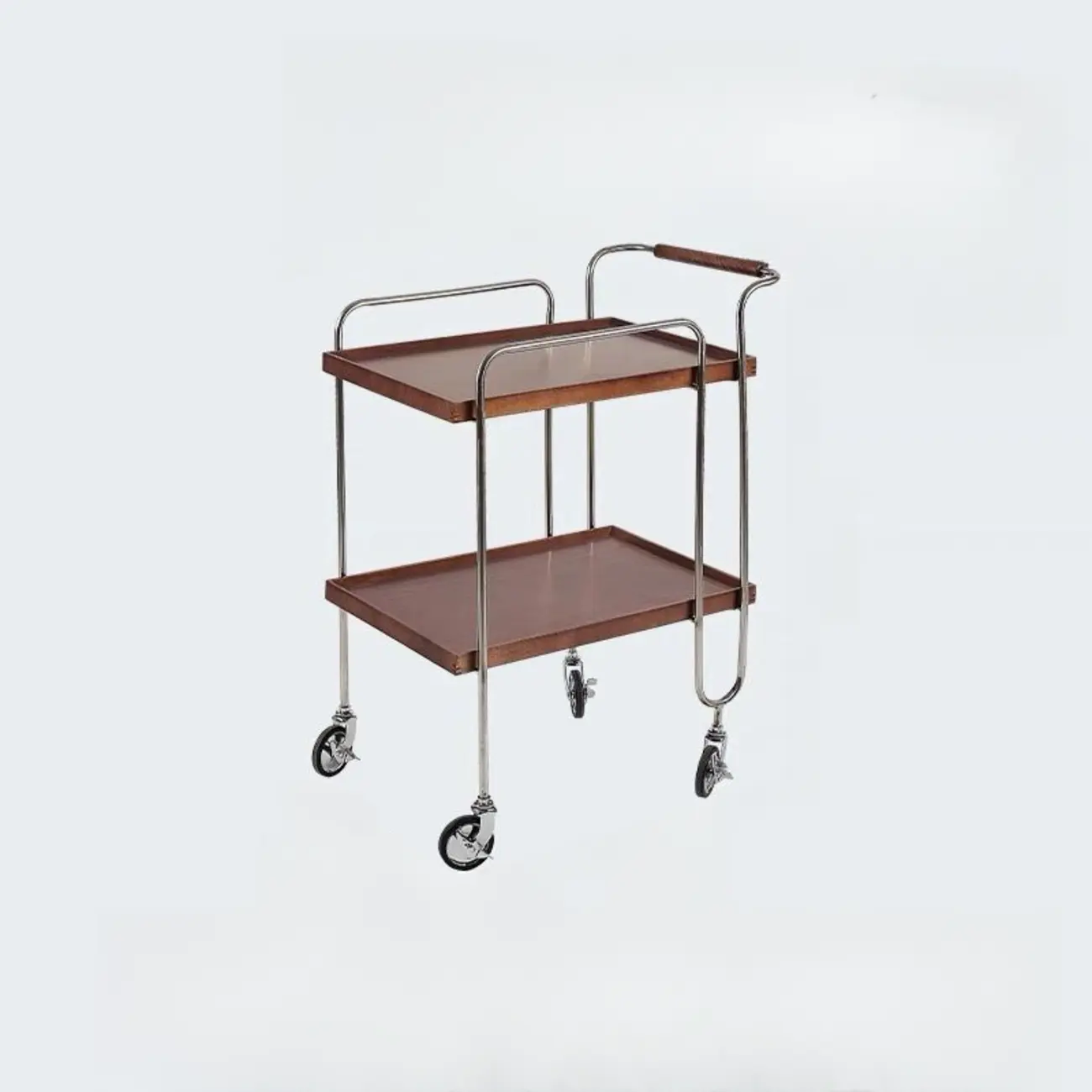 Brown Modern 2-Shelf Wood Rectangular Rolling Side Table Image - 7 | homeyfad