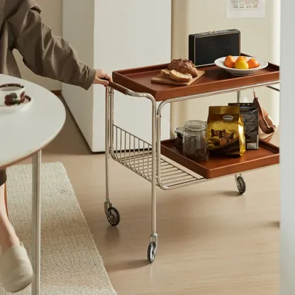 Brown Modern 2-Shelf Wood Rectangular Rolling Side Table Image - 4