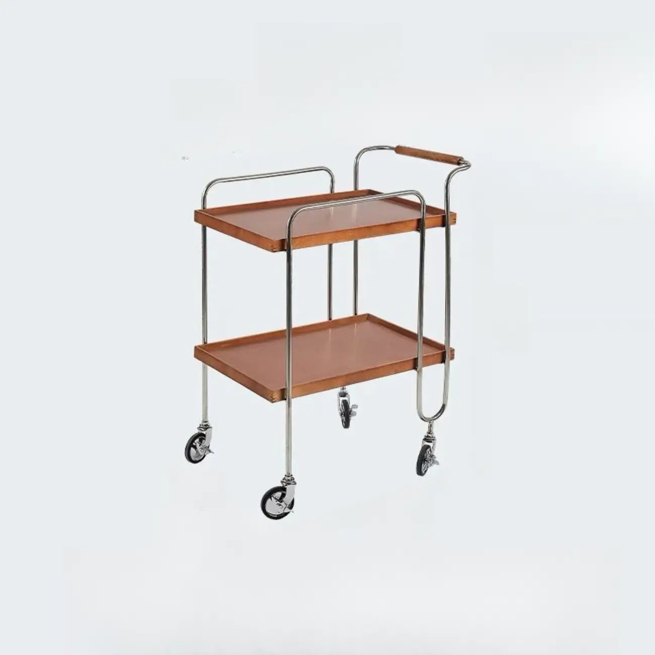 Brown Modern 2-Shelf Wood Rectangular Rolling Side Table Image - 8 | homeyfad