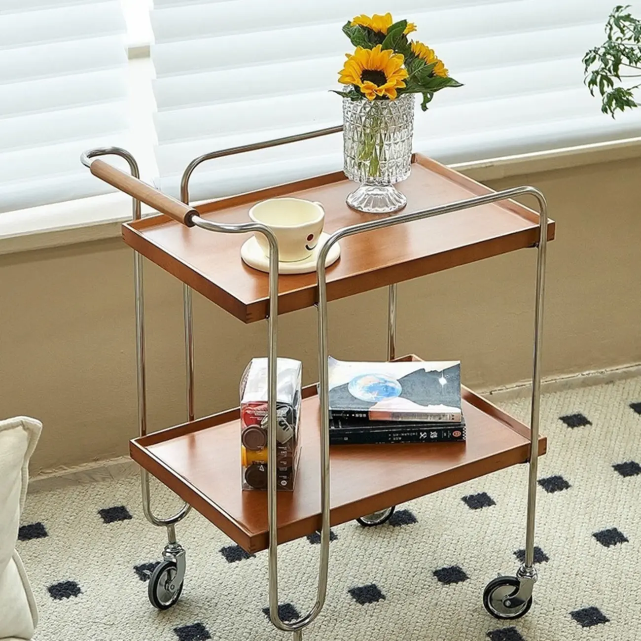 Brown Modern 2-Shelf Wood Rectangular Rolling Side Table Image - 3 | homeyfad