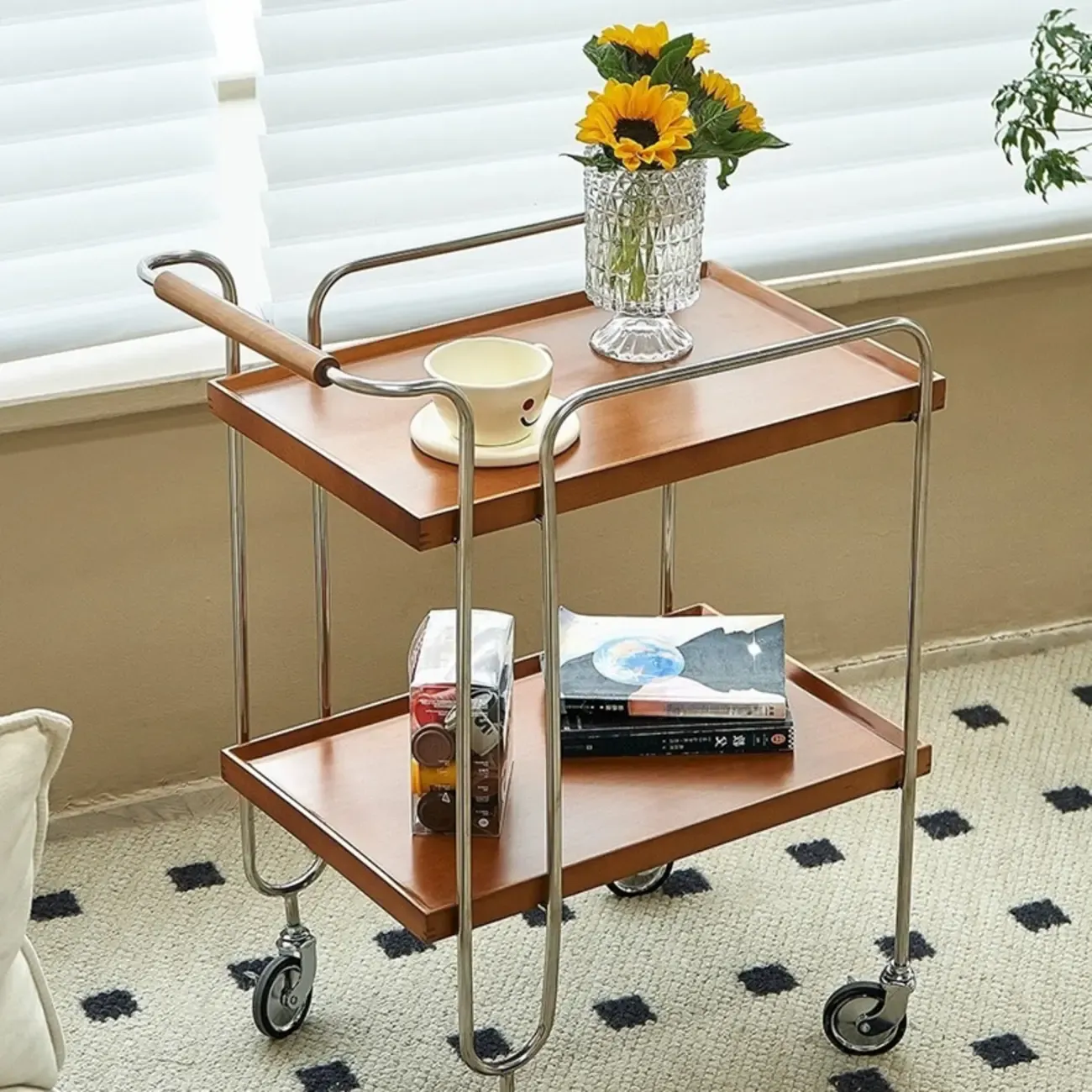 Brown Modern 2-Shelf Wood Rectangular Rolling Side Table Image - 3