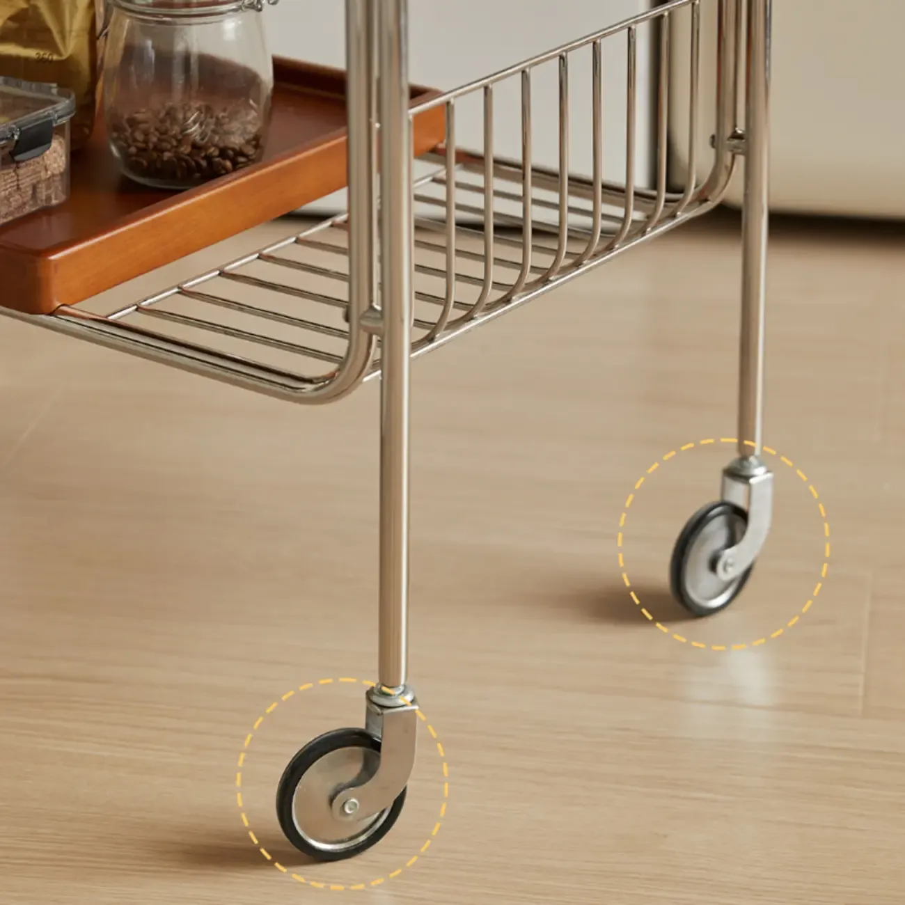 Brown Modern 2-Shelf Wood Rectangular Rolling Side Table Image - 5