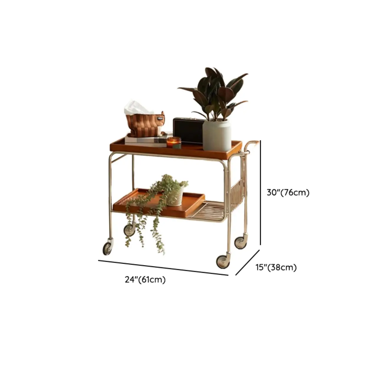 Brown Modern 2-Shelf Wood Rectangular Rolling Side Table Image - 10 | homeyfad