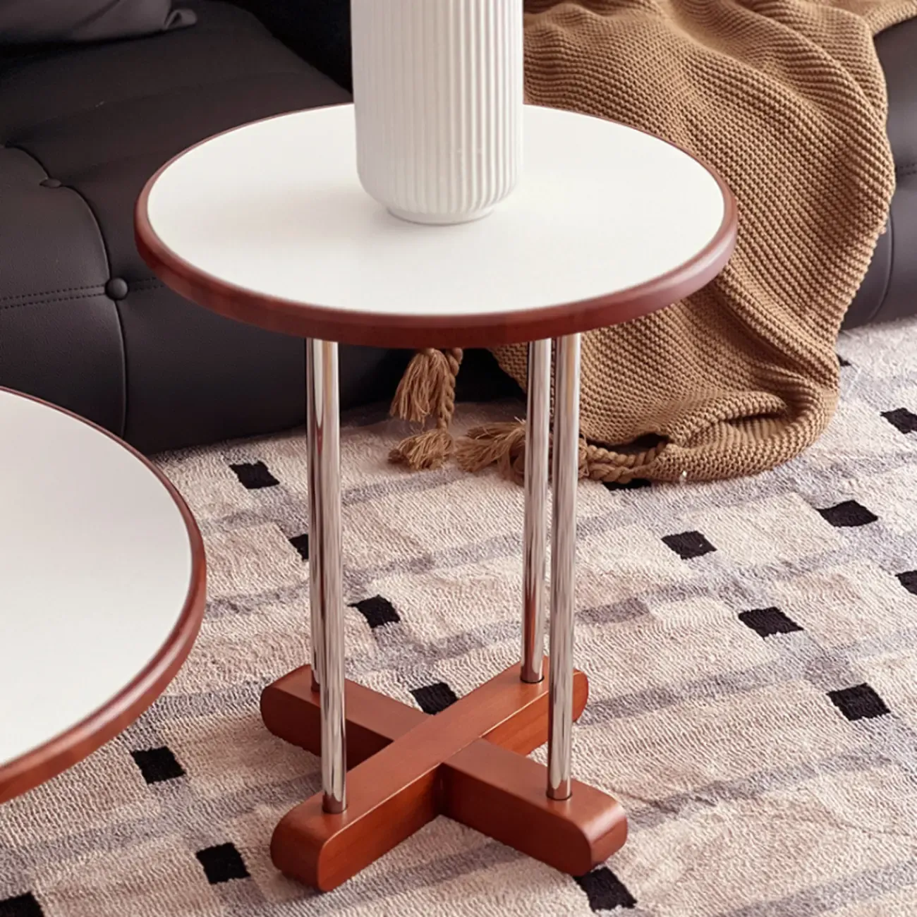 Vintage Round Stone Top Pedestal Base Side Table Image - 2