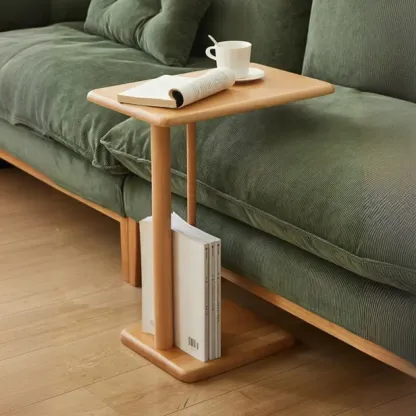 Slim Natural Wooden C-Shaped Sofa Side Table with Storage Image - 1