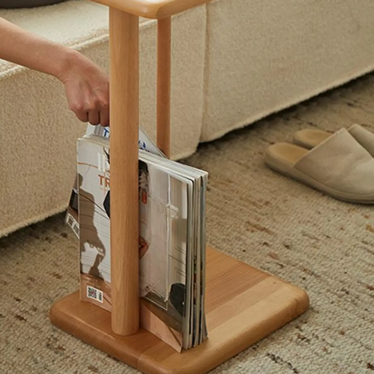 Slim Natural Wooden C-Shaped Sofa Side Table with Storage Image - 4 | homeyfad