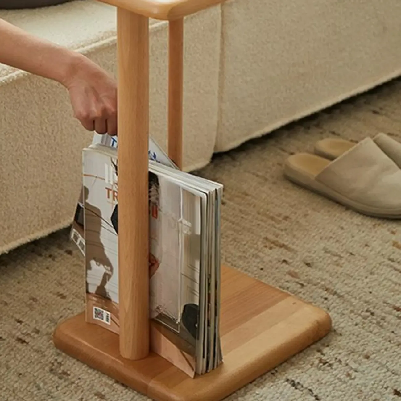 Slim Natural Wooden C-Shaped Sofa Side Table with Storage Image - 4