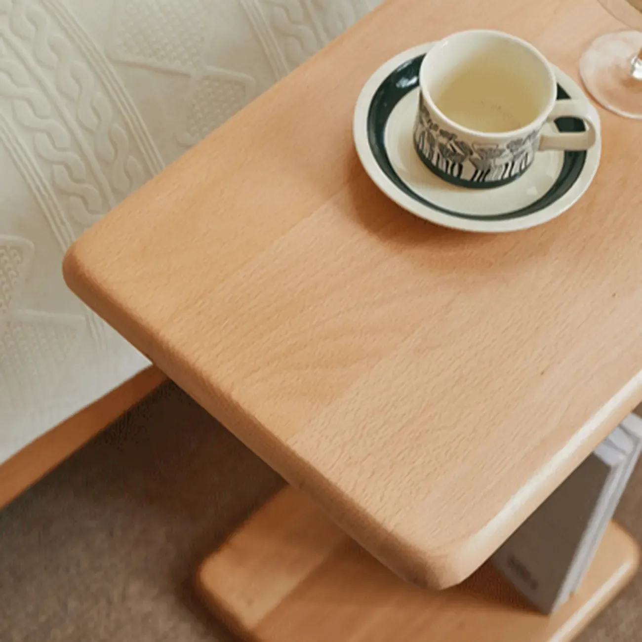 Slim Natural Wooden C-Shaped Sofa Side Table with Storage Image - 5