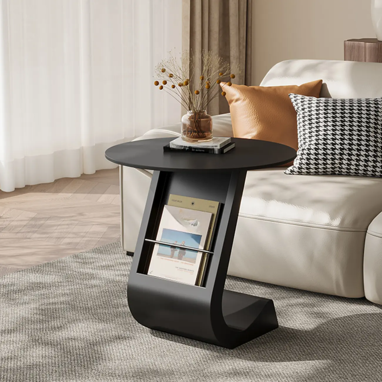 Modern Black Stone Top C-Shaped Storage Side Table Image - 1 | homeyfad