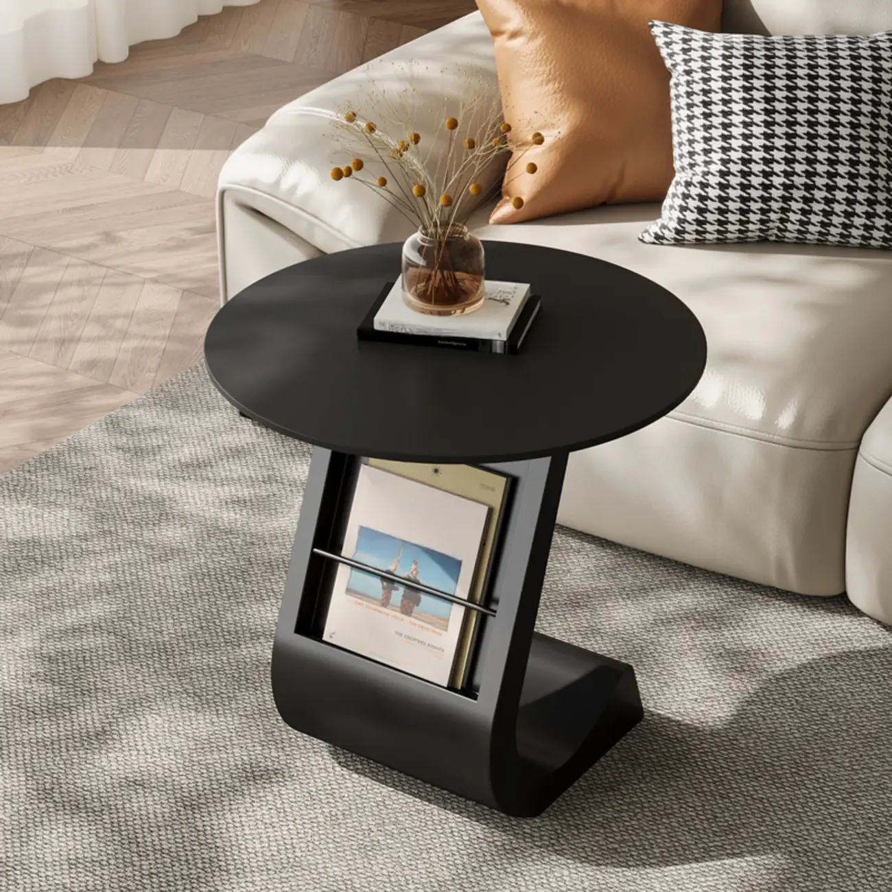 Modern Black Stone Top C-Shaped Storage Side Table Image - 2