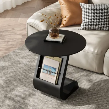 Modern Black Stone Top C-Shaped Storage Side Table Image - 2