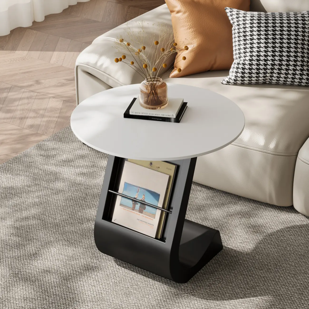Modern Black Stone Top C-Shaped Storage Side Table Image - 3 | homeyfad