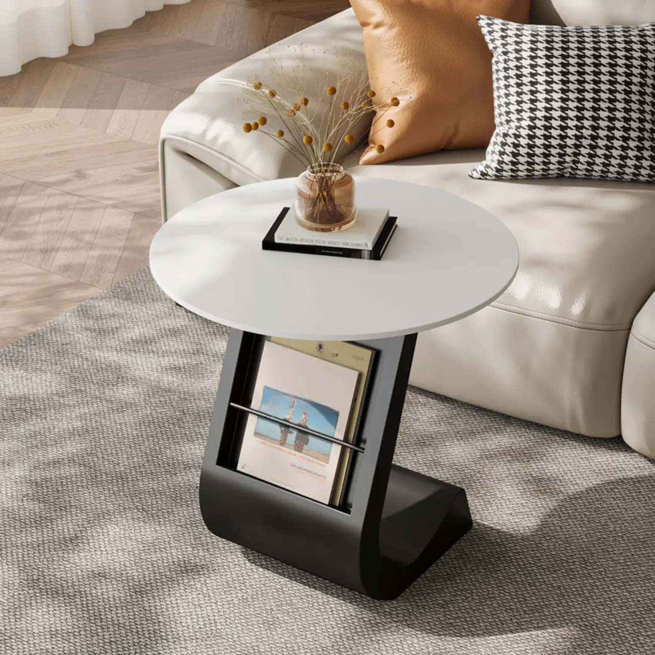 Modern Black Stone Top C-Shaped Storage Side Table Image - 3