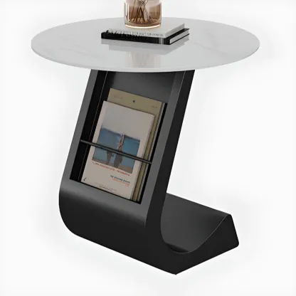Modern Black Stone Top C-Shaped Storage Side Table Image - 13