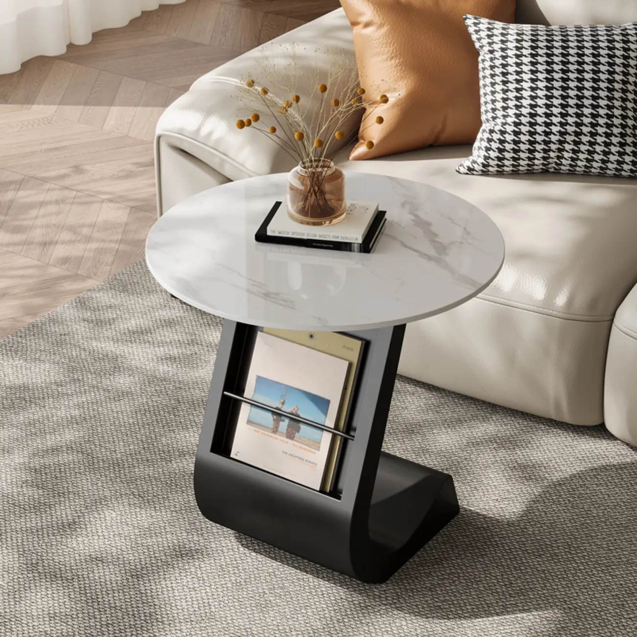 Modern Black Stone Top C-Shaped Storage Side Table Image - 4 | homeyfad