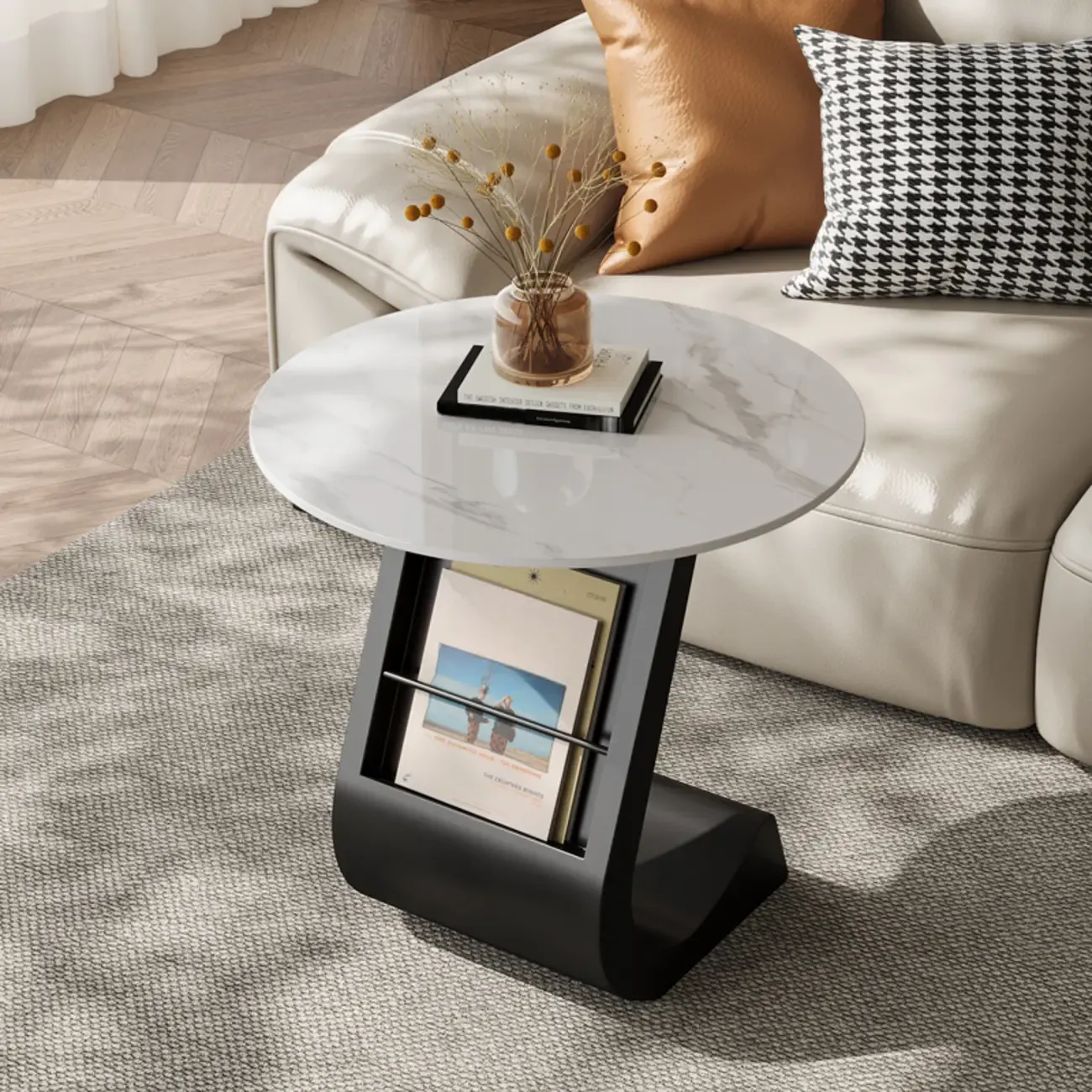 Modern Black Stone Top C-Shaped Storage Side Table Image - 4