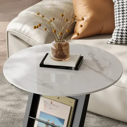 Modern Black Stone Top C-Shaped Storage Side Table Image - 5