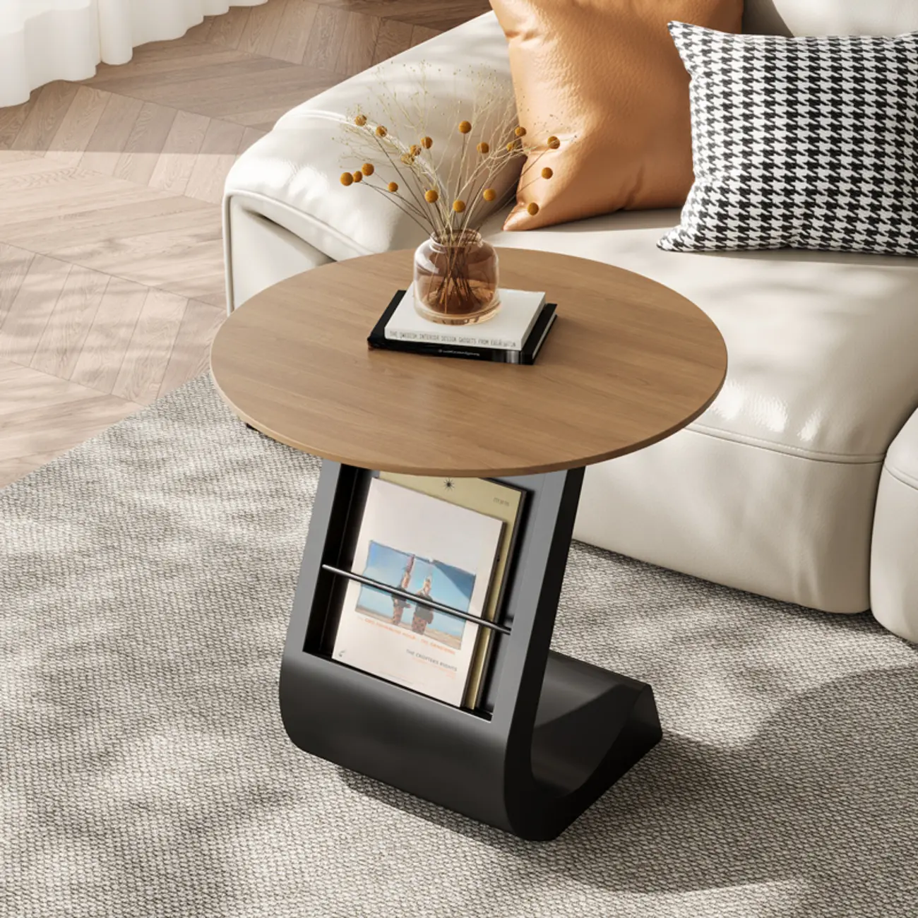 Modern Black Stone Top C-Shaped Storage Side Table Image - 6 | homeyfad