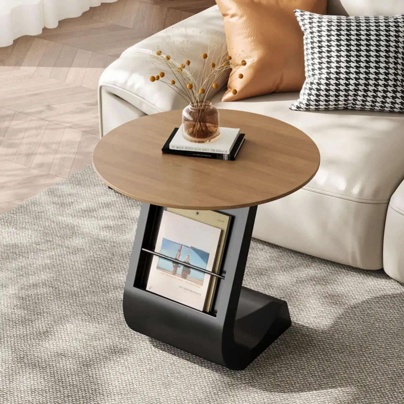 Modern Black Stone Top C-Shaped Storage Side Table Image - 6
