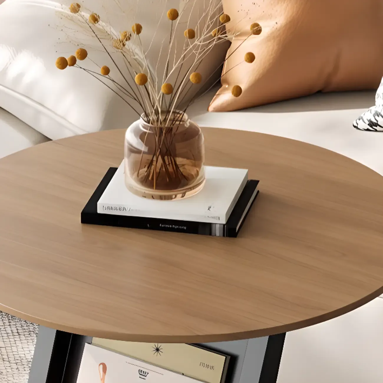 Modern Black Stone Top C-Shaped Storage Side Table Image - 12