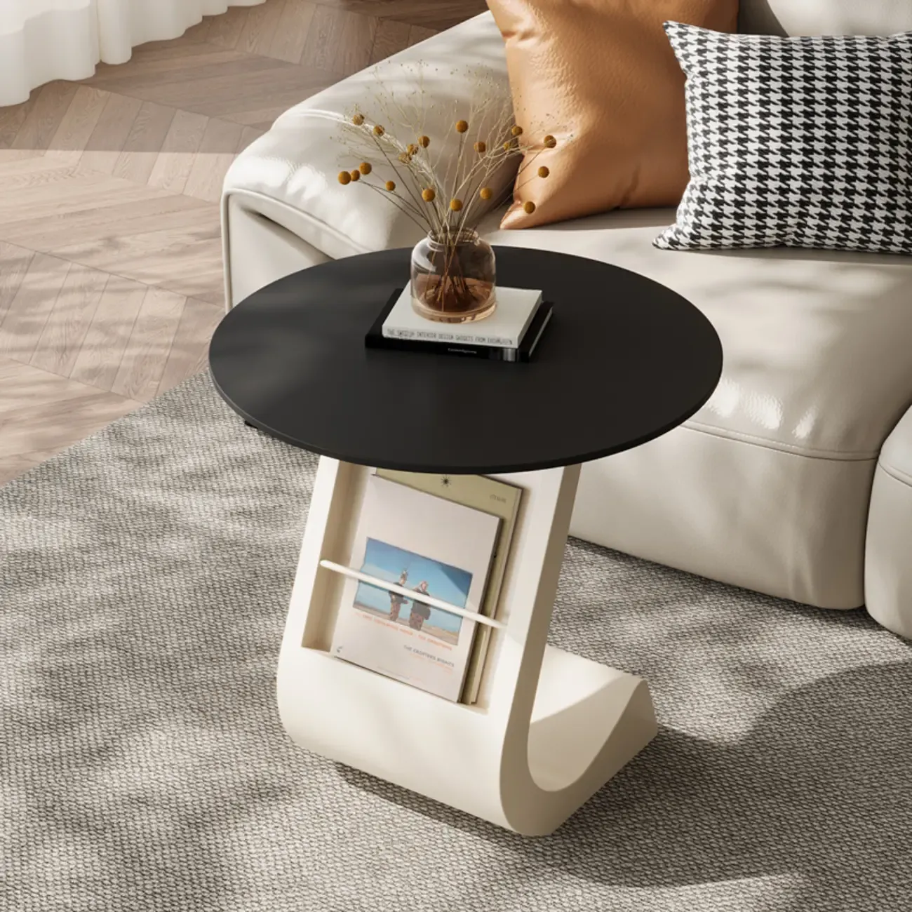 Modern Black Stone Top C-Shaped Storage Side Table Image - 7