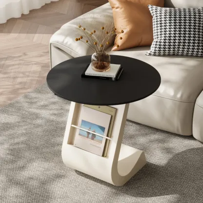 Modern Black Stone Top C-Shaped Storage Side Table Image - 7