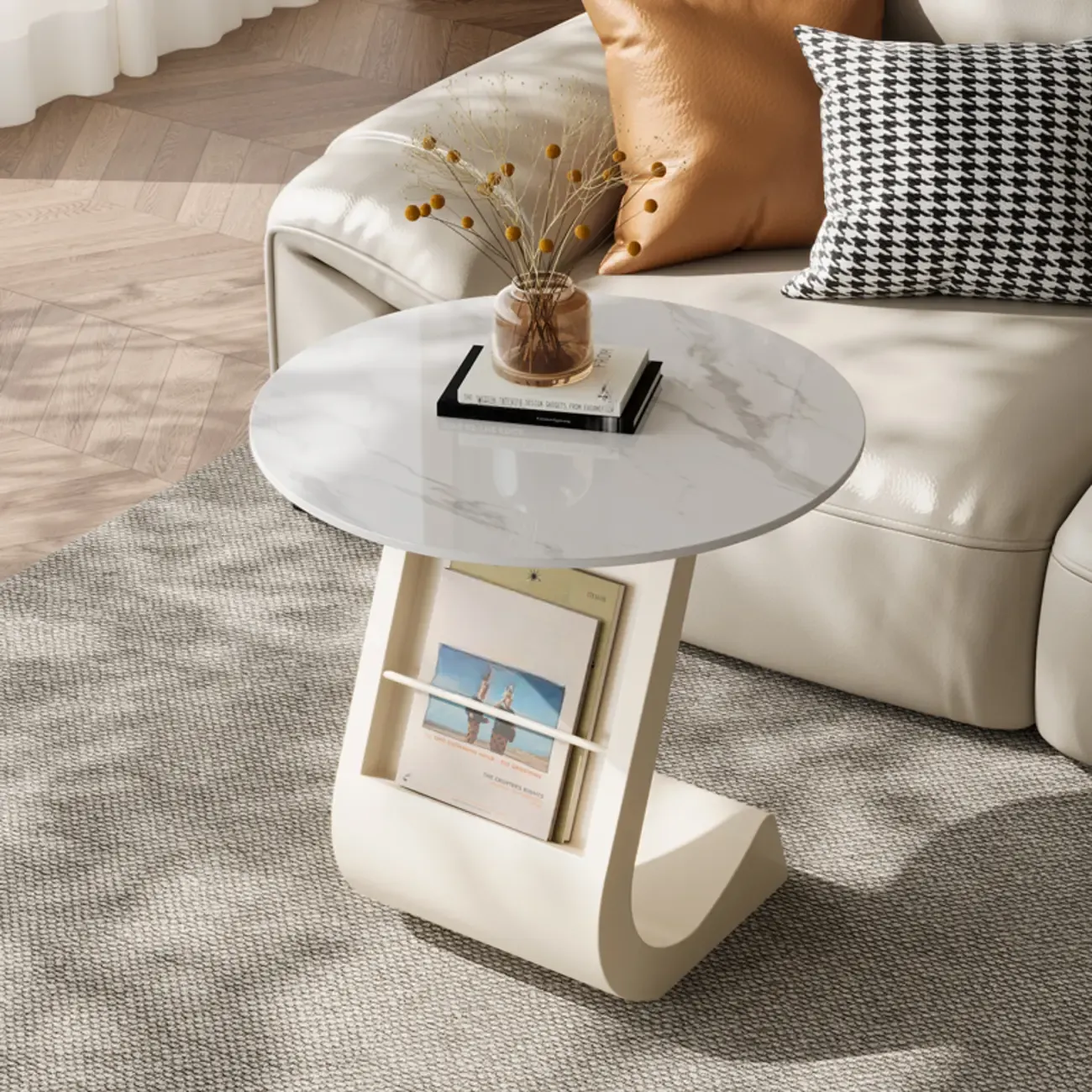 Modern Black Stone Top C-Shaped Storage Side Table Image - 9