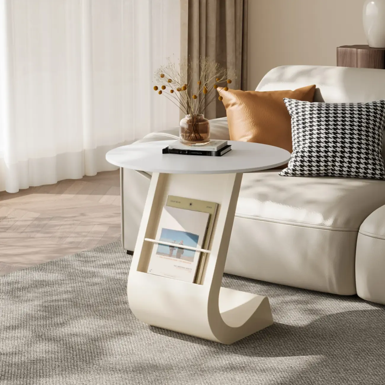 Modern Black Stone Top C-Shaped Storage Side Table Image - 11