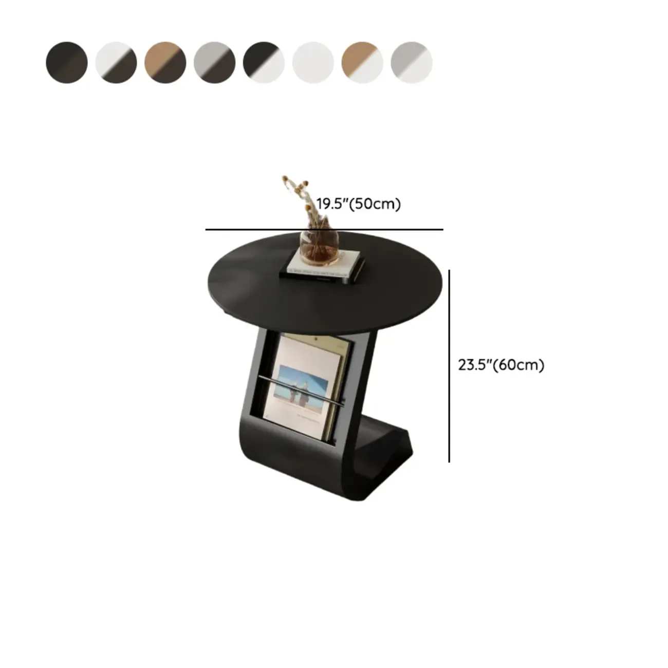 Modern Black Stone Top C-Shaped Storage Side Table #size