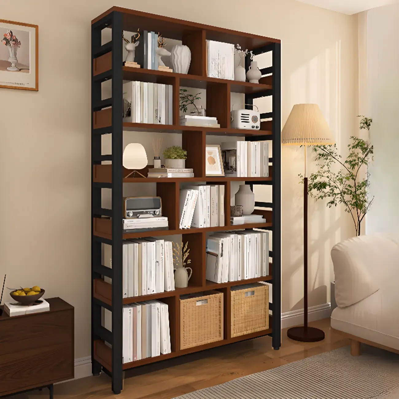 Vertical Walnut Wood Shelf Open Back Etagere Bookcase Image - 1