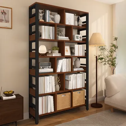 Vertical Walnut Wood Shelf Open Back Etagere Bookcase Image - 1
