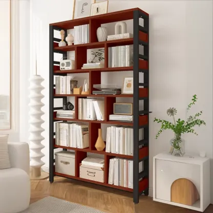 Vertical Walnut Wood Shelf Open Back Etagere Bookcase Image - 2