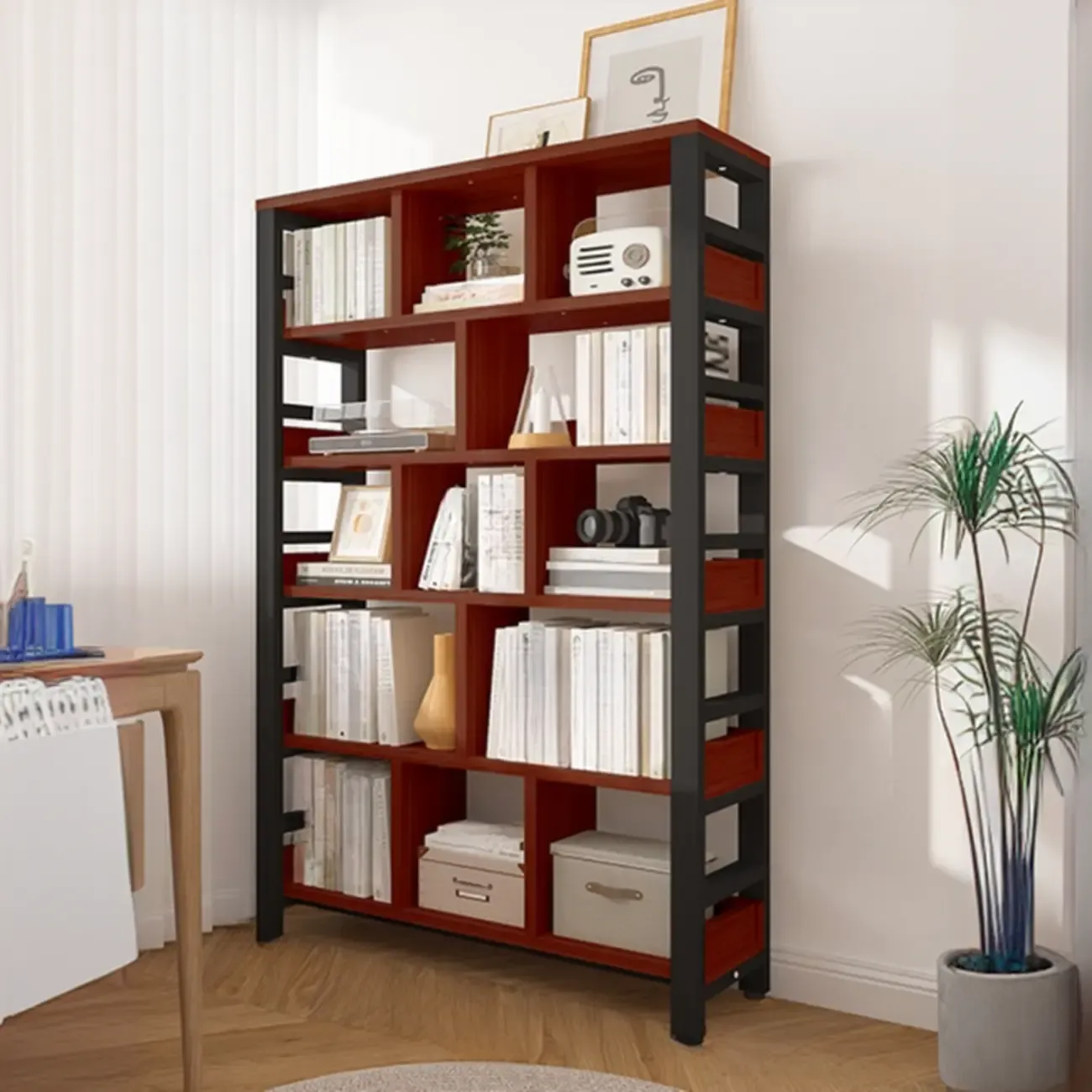 Vertical Walnut Wood Shelf Open Back Etagere Bookcase Image - 3