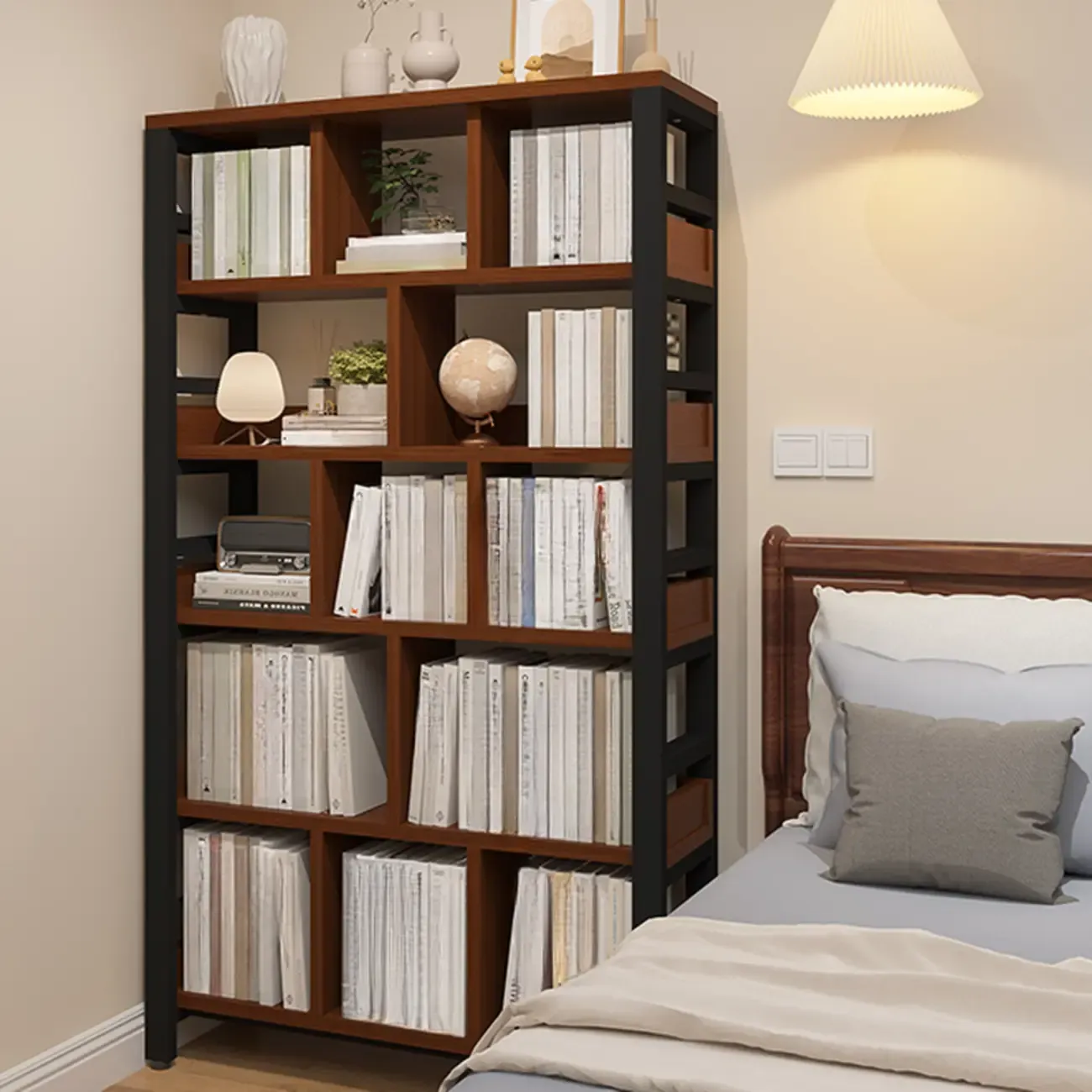 Vertical Walnut Wood Shelf Open Back Etagere Bookcase Image - 4