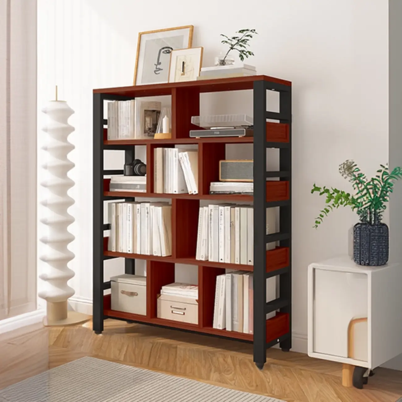 Vertical Walnut Wood Shelf Open Back Etagere Bookcase Image - 5 | homeyfad