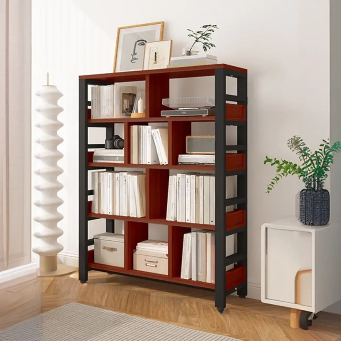 Vertical Walnut Wood Shelf Open Back Etagere Bookcase Image - 5