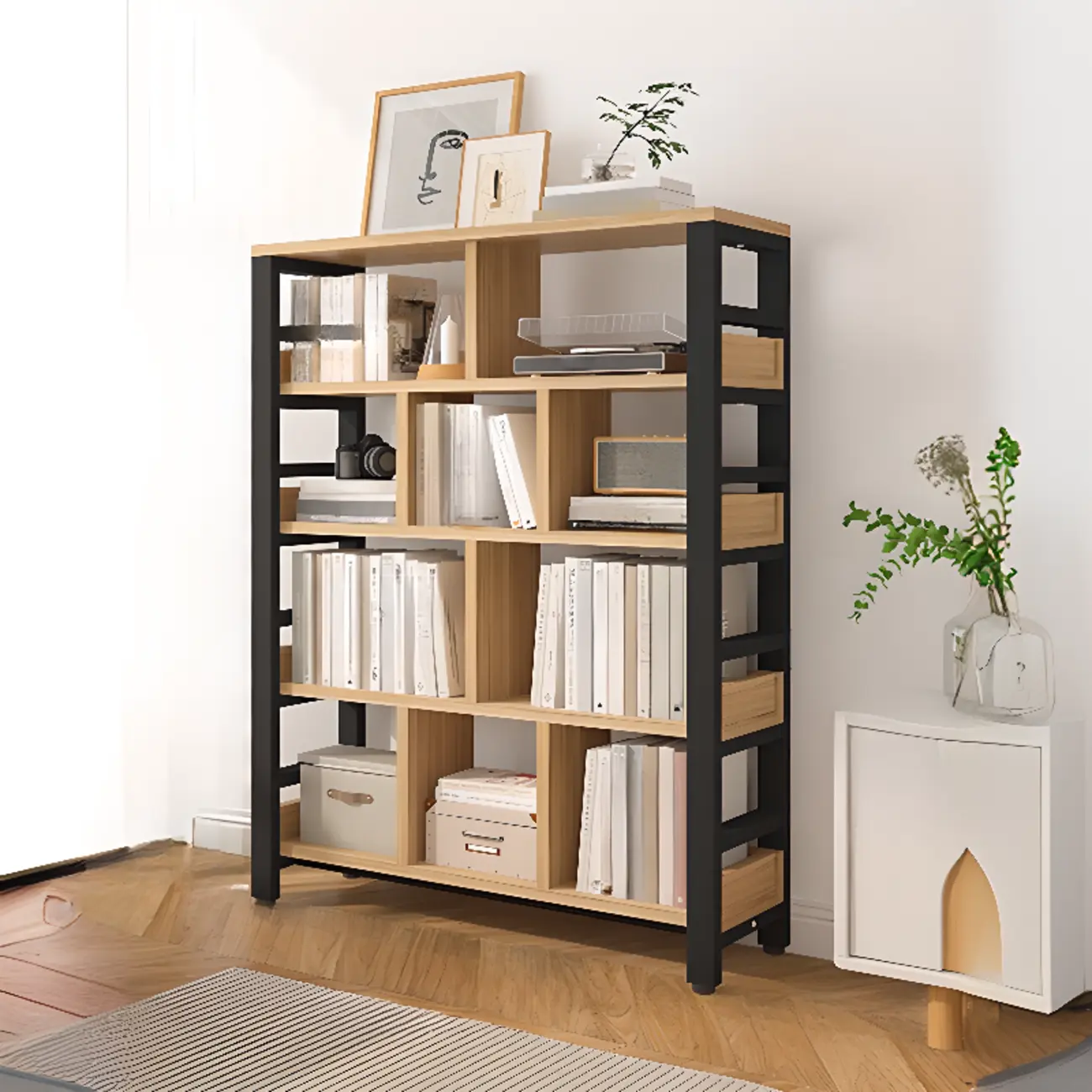 Vertical Walnut Wood Shelf Open Back Etagere Bookcase Image - 6 | homeyfad