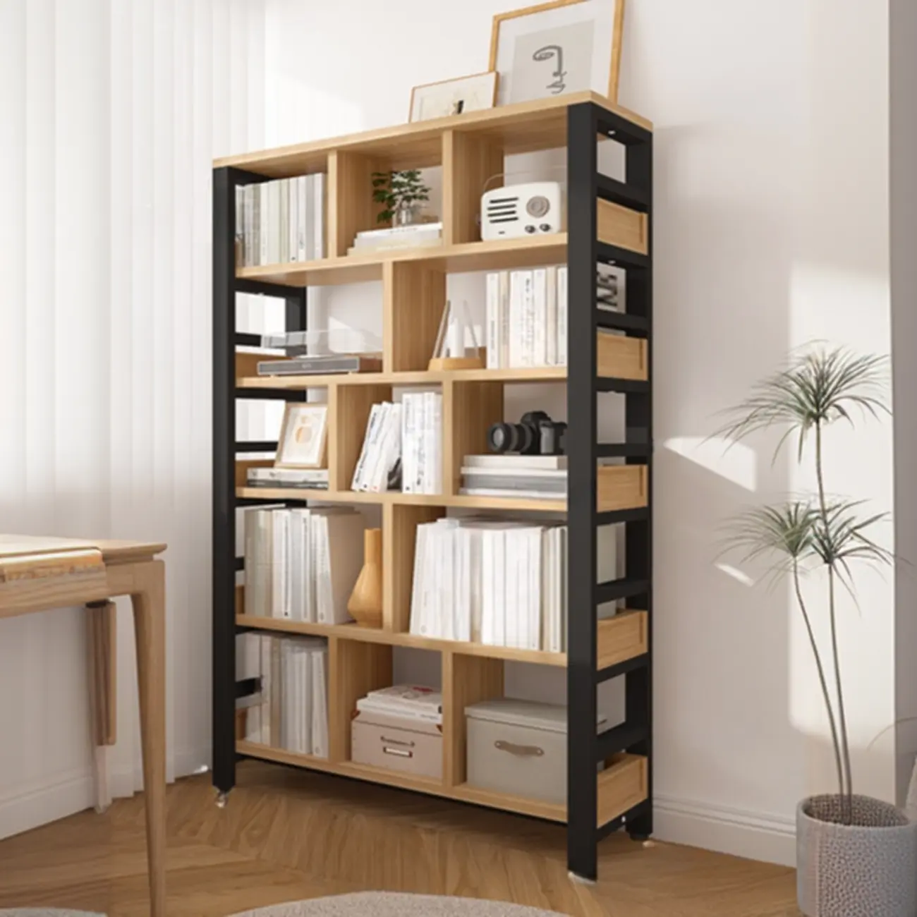 Vertical Walnut Wood Shelf Open Back Etagere Bookcase Image - 7 | homeyfad