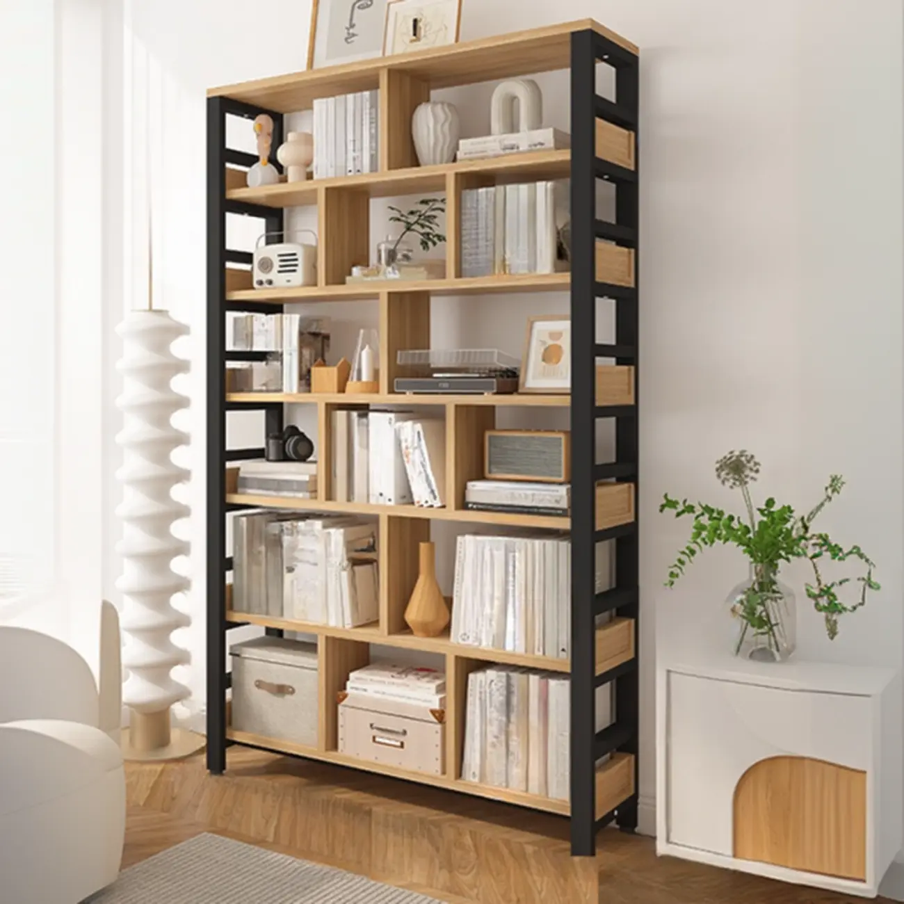 Vertical Walnut Wood Shelf Open Back Etagere Bookcase Image - 8 | homeyfad
