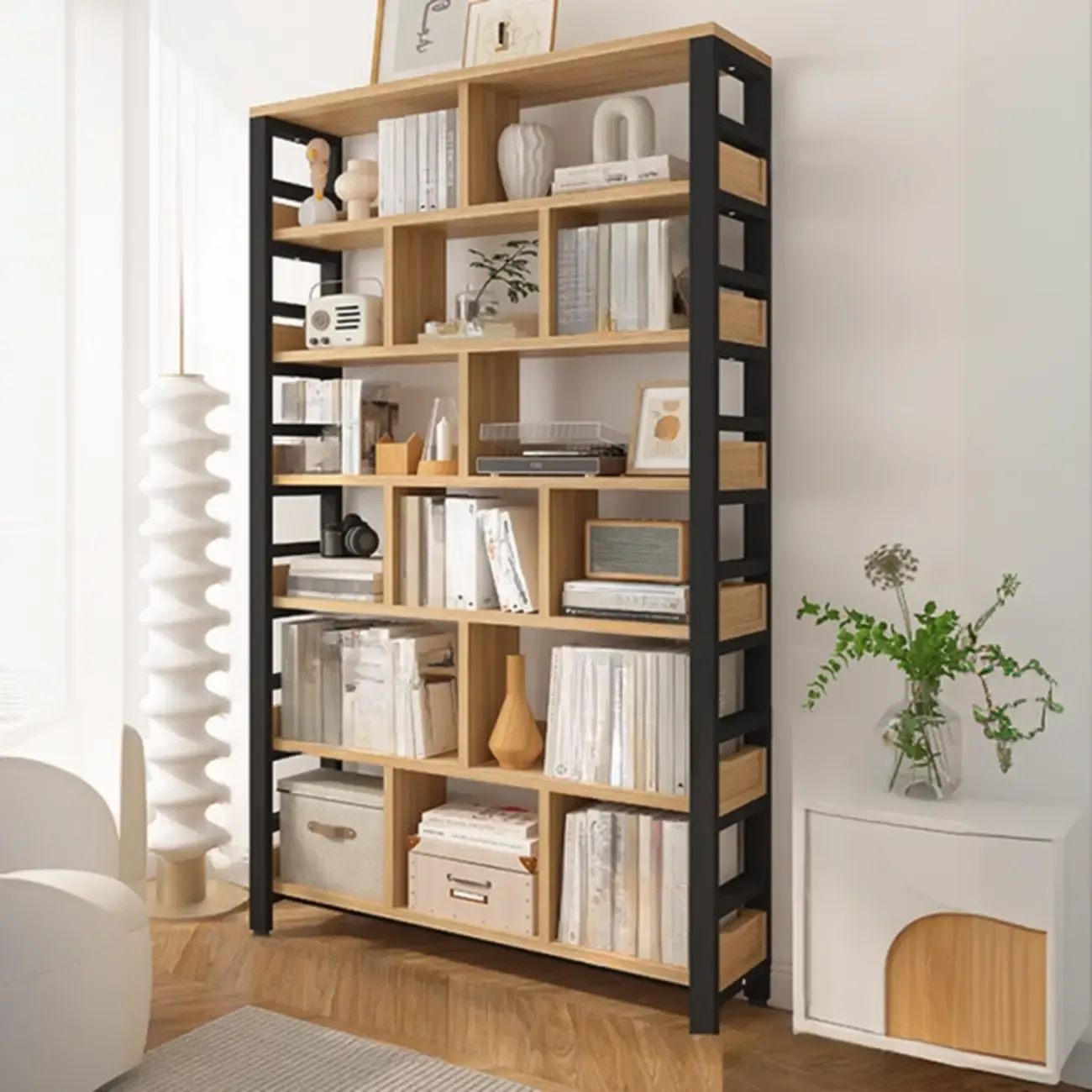 Vertical Walnut Wood Shelf Open Back Etagere Bookcase Image - 8