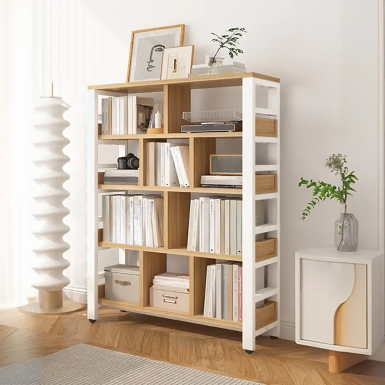 Vertical Walnut Wood Shelf Open Back Etagere Bookcase Image - 9