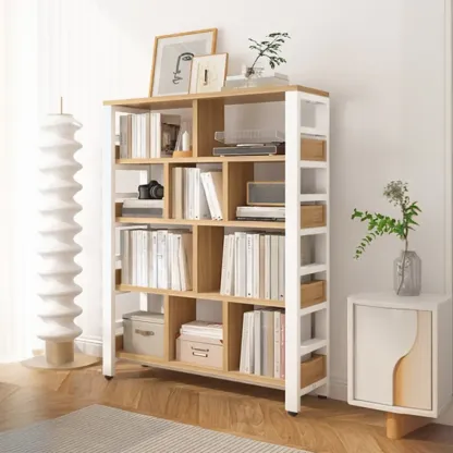 Vertical Walnut Wood Shelf Open Back Etagere Bookcase Image - 9