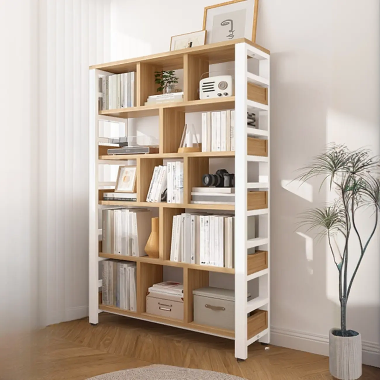 Vertical Walnut Wood Shelf Open Back Etagere Bookcase Image - 10 | homeyfad
