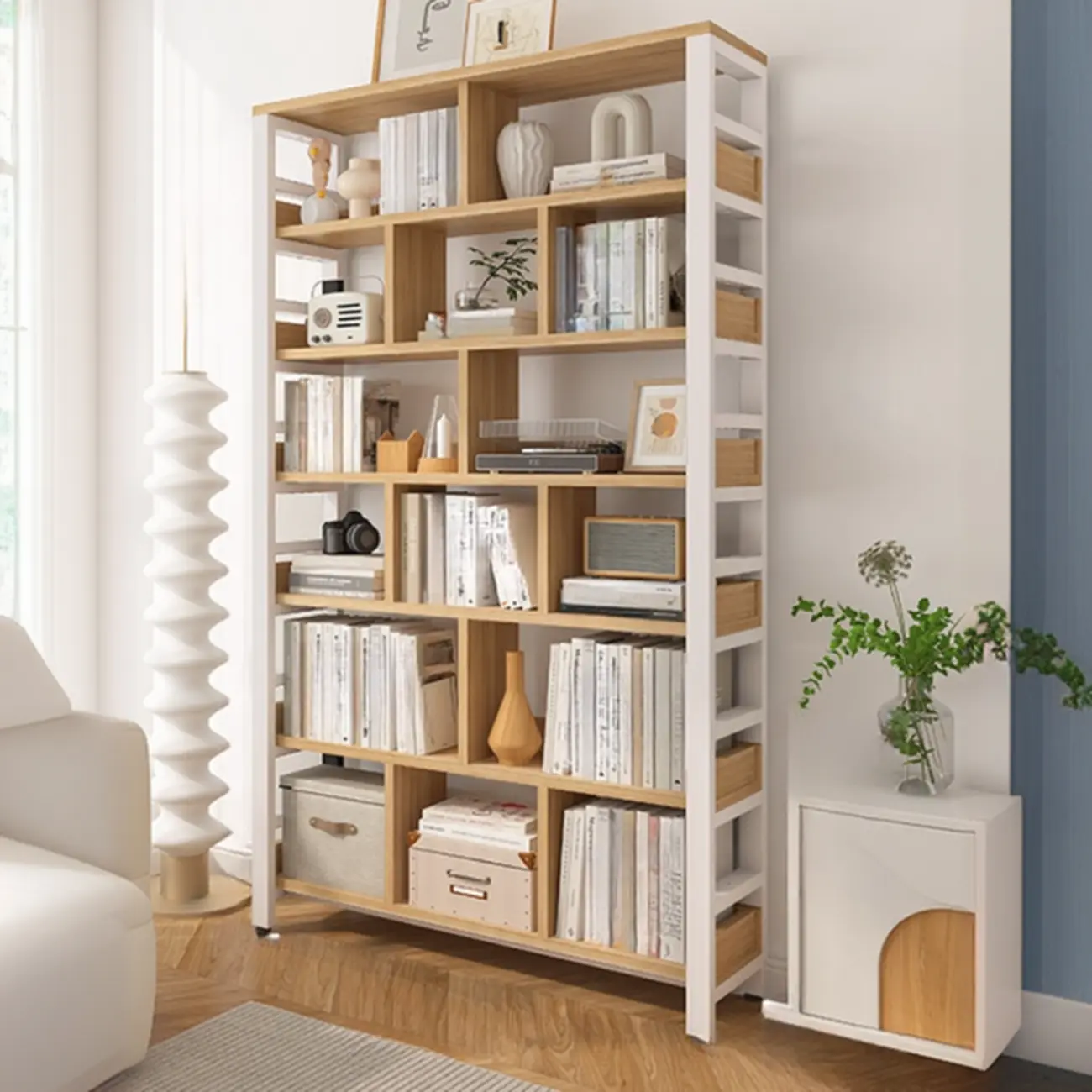 Vertical Walnut Wood Shelf Open Back Etagere Bookcase Image - 11 | homeyfad