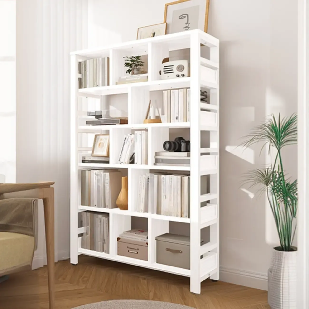 Vertical Walnut Wood Shelf Open Back Etagere Bookcase Image - 13