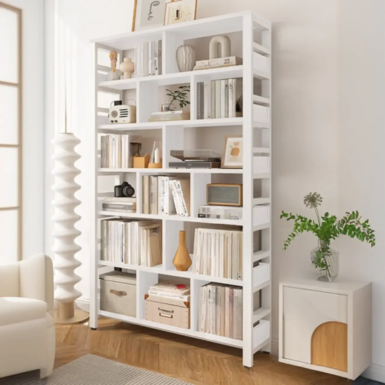 Vertical Walnut Wood Shelf Open Back Etagere Bookcase Image - 14