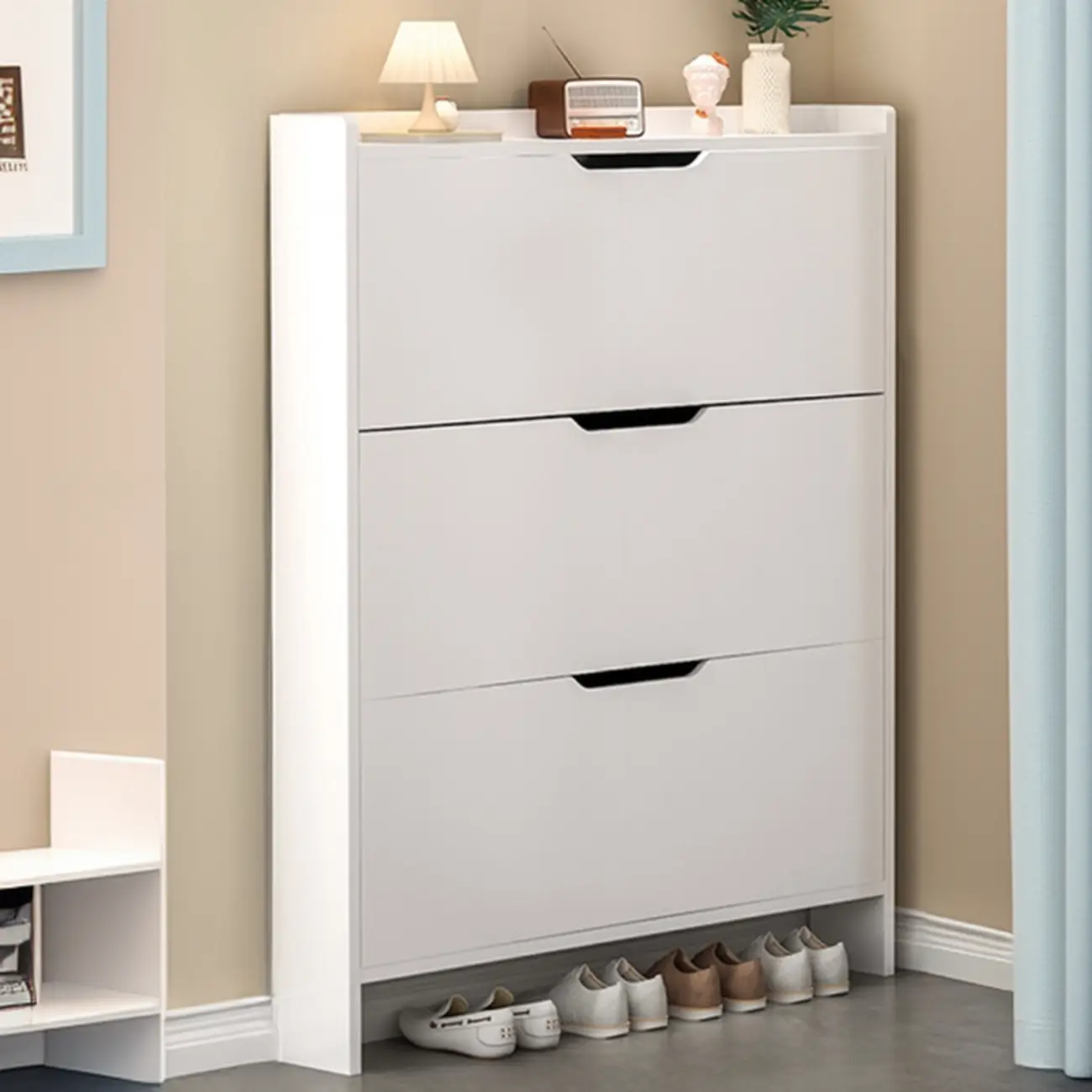 Efficient Minimalist Drop-Front Wood Adjustable Shoe Cabinet Image - 2 | homeyfad