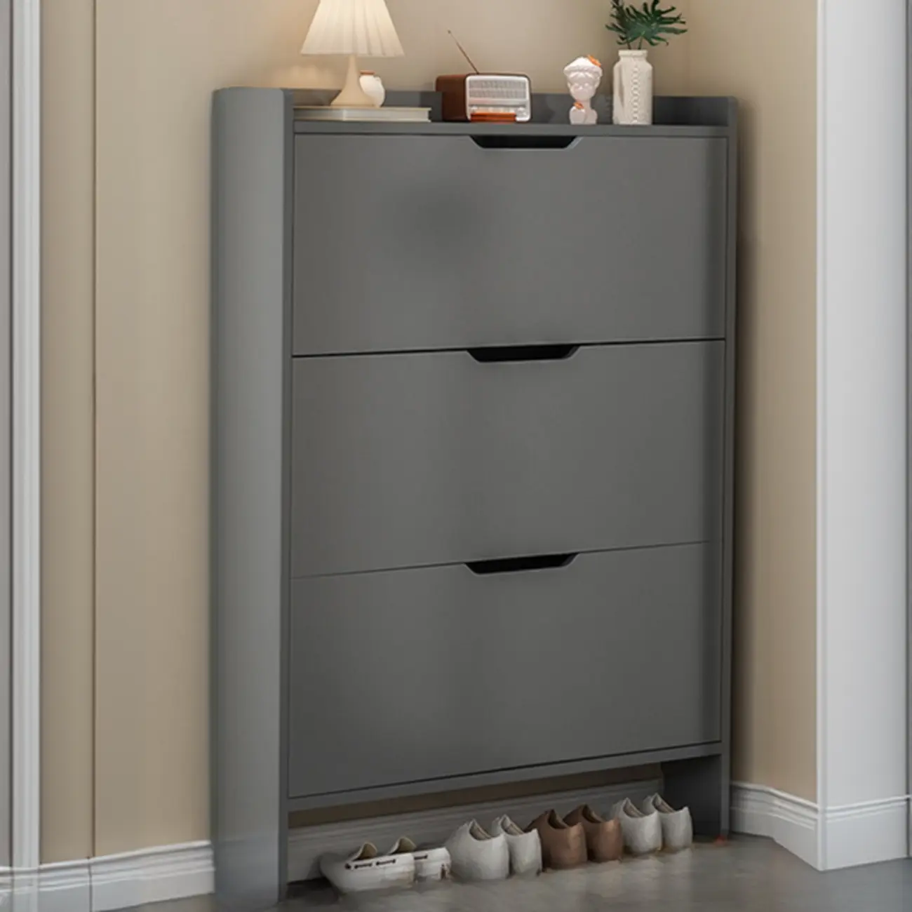 Efficient Minimalist Drop-Front Wood Adjustable Shoe Cabinet Image - 3 | homeyfad