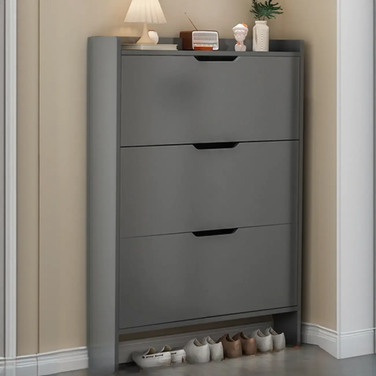 Efficient Minimalist Drop-Front Wood Adjustable Shoe Cabinet Image - 3