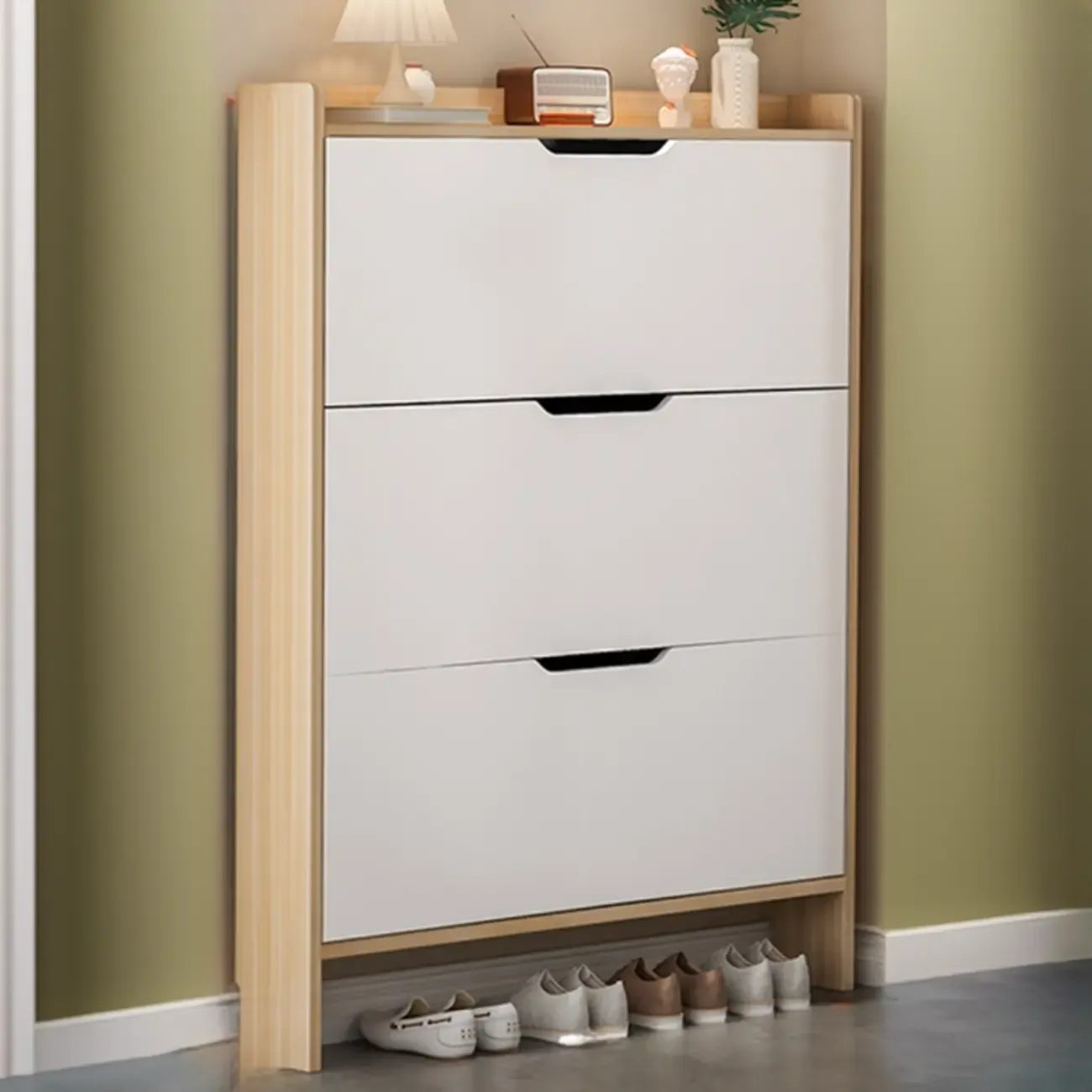 Efficient Minimalist Drop-Front Wood Adjustable Shoe Cabinet Image - 7